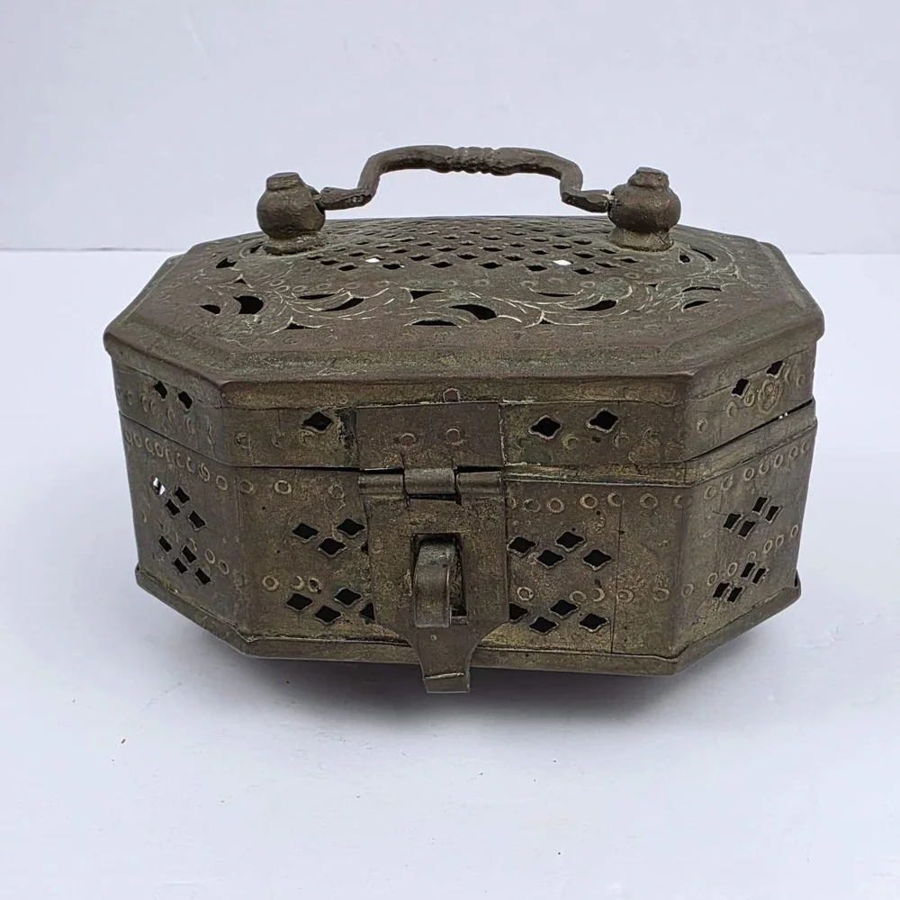 Antique Brass Cricket Box Octagon Ornate Pierced Metal Trinket Case